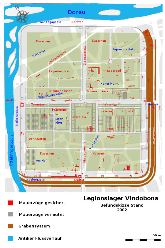 Befundskizze des Legionslagers Vindobona (Wien) um 130 n.Chr.<small>© Wikimedia Commons / Veleius [CC0]</small>