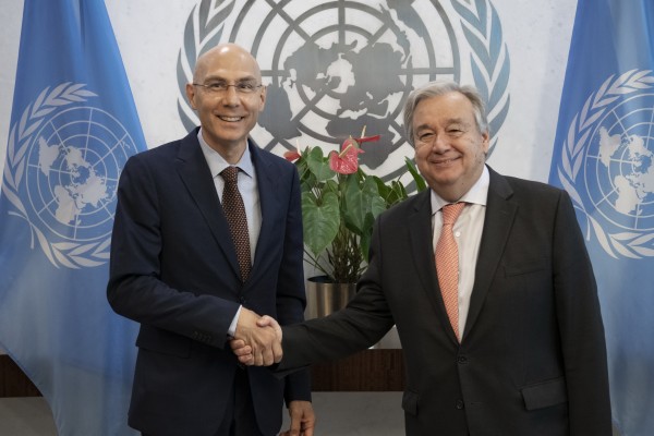 Secretary-General António Guterres (left) swears in Volker Türk, Assistant Secretary-General for Strategic Coordination in the Executive Office of the Secretary-General.<small>© UN Photo / Evan Schneider</small>
