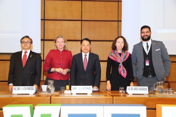 (f.l.t.r.): Liu Zhenmin, Under-Secretary-General, UN Department of Economic and Social Affairs; Karin Kneissl; UNIDO's LI Yong; Marie Chatardová, President, UN Economic and Social Council and Abdelrahman Ayman Ibrahim Mohamed, Global President, AIESEC.<small>© UNIDO United Nations Industrial Development Organization</small>